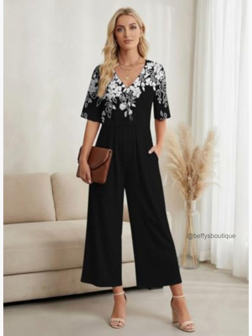 Wide Leg Jumpsuit with Pockets V Neck Short Sleeve Floral - Picture 2 of 7